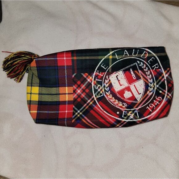 Estee Lauder Plaid Tartan Cosmetic Zipper Make Up Bag with Tassle & Big Logo - Picture 13 of 13